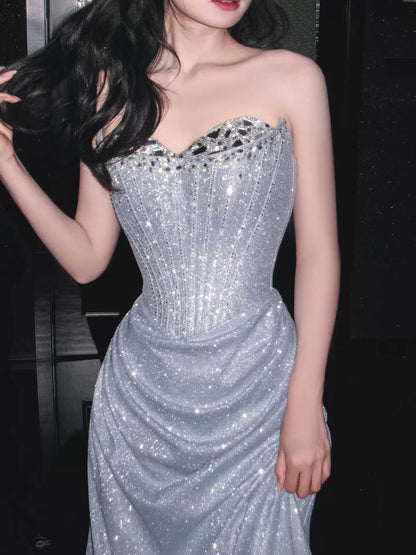 Sparkly Sheath Strapless Blue Sequins Prom Dresses Inspiration Long Party Night Gowns 20th Birthday Outfits AB2239