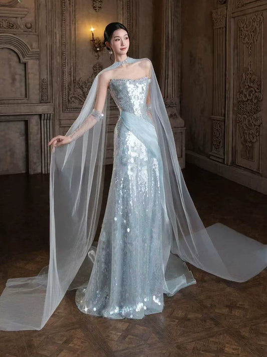 Sparkly Mermaid Strapless Light Sky Blue Sequins Prom Dresses Inspiration Long Party Night Evening Gowns 19th Birthday Outfits AB2262
