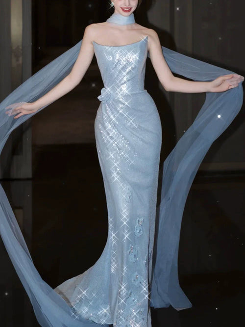 Modest Mermaid Strapless Sequins Blue With Scarf Prom Dresses Inspiration Long Party Evening Dress 21st Birthday Outfits AB2290