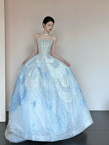 Unique Ball Gown Strapless Blue Prom Dresses Inspiration Long Party Night Gowns 20th Birthday Outfits AB2241