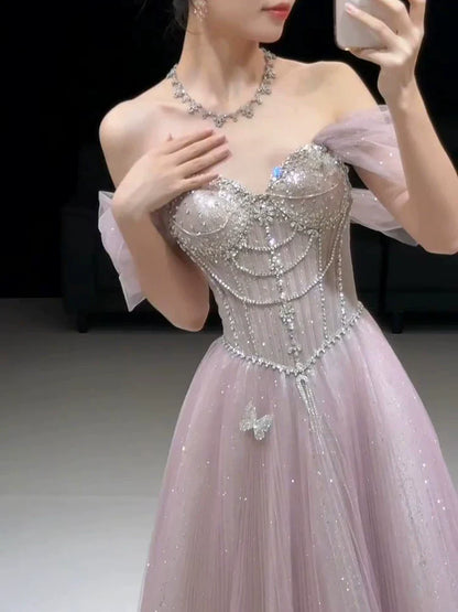Sparkly A line Strapless Pink Sequins Prom Dresses Inspiration Long Party Night Gowns 20th Birthday Outfits AB2253