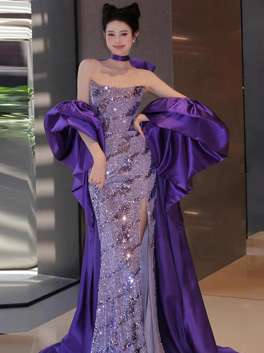 Sparkly Mermaid Strapless Purple Sequins Prom Dresses Inspiration Long Party Night Gowns 20th Birthday Outfits AB2258