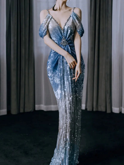 Modest Mermaid V Neck Ombre Blue Sequins With Pleated Prom Dresses Inspiration Long Party Evening Dress 19th Birthday Outfits AB2278
