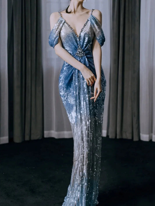 Modest Mermaid V Neck Ombre Blue Sequins With Pleated Prom Dresses Inspiration Long Party Evening Dress 19th Birthday Outfits AB2278