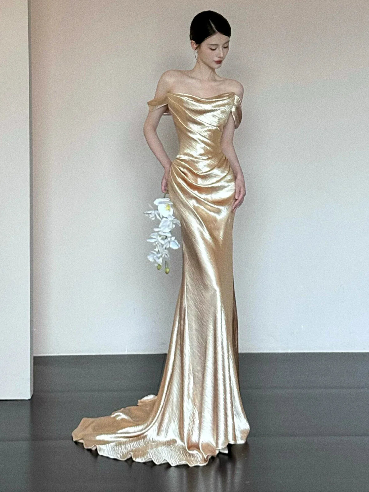 Unique Mermaid Off The Shoulder Gold Long Sleeves Prom Dresses Inspiration Party Night Gowns 20th Birthday Outfits AB2254