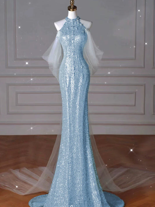 Modest Mermaid High Neck Blue Sequins Prom Dresses Inspiration Long Party Night Evening Dress 19th Birthday Outfits AB2273