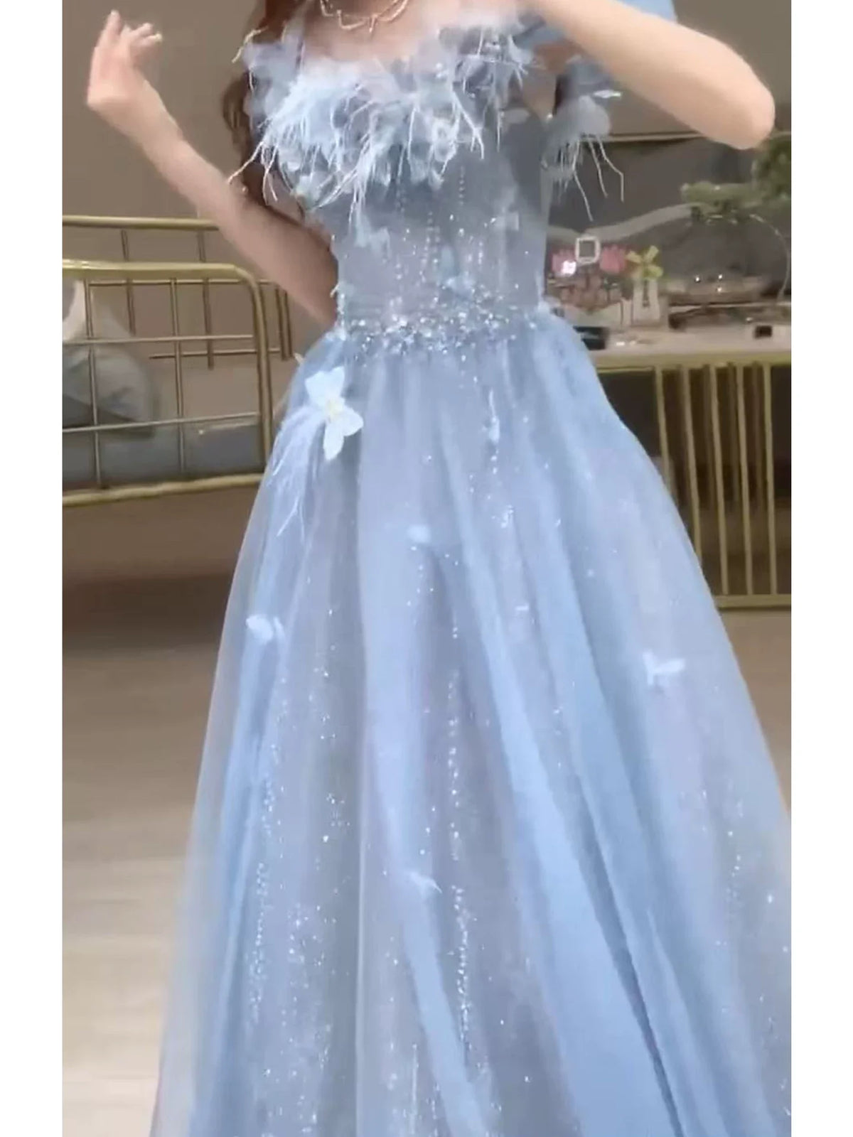 Unique A Line Off The Shoulder Blue Prom Dresses Tulle Inspiration Long Party Night Gowns 20th Birthday Outfits AB2247