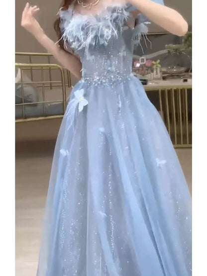 Unique A Line Off The Shoulder Blue Prom Dresses Tulle Inspiration Long Party Night Gowns 20th Birthday Outfits AB2247
