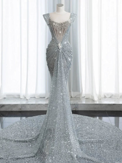 Modest Mermaid Square Neck Sequins With Beaded Silver Gray Prom Dresses Inspiration Long Party Evening Dress 19th Birthday Outfits AB2276