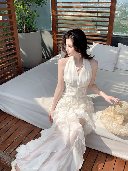 Modest A line Halter White Layered Chiffon Floor Length Prom Dresses 18th Nigh Party Birthday Outfits AB2419