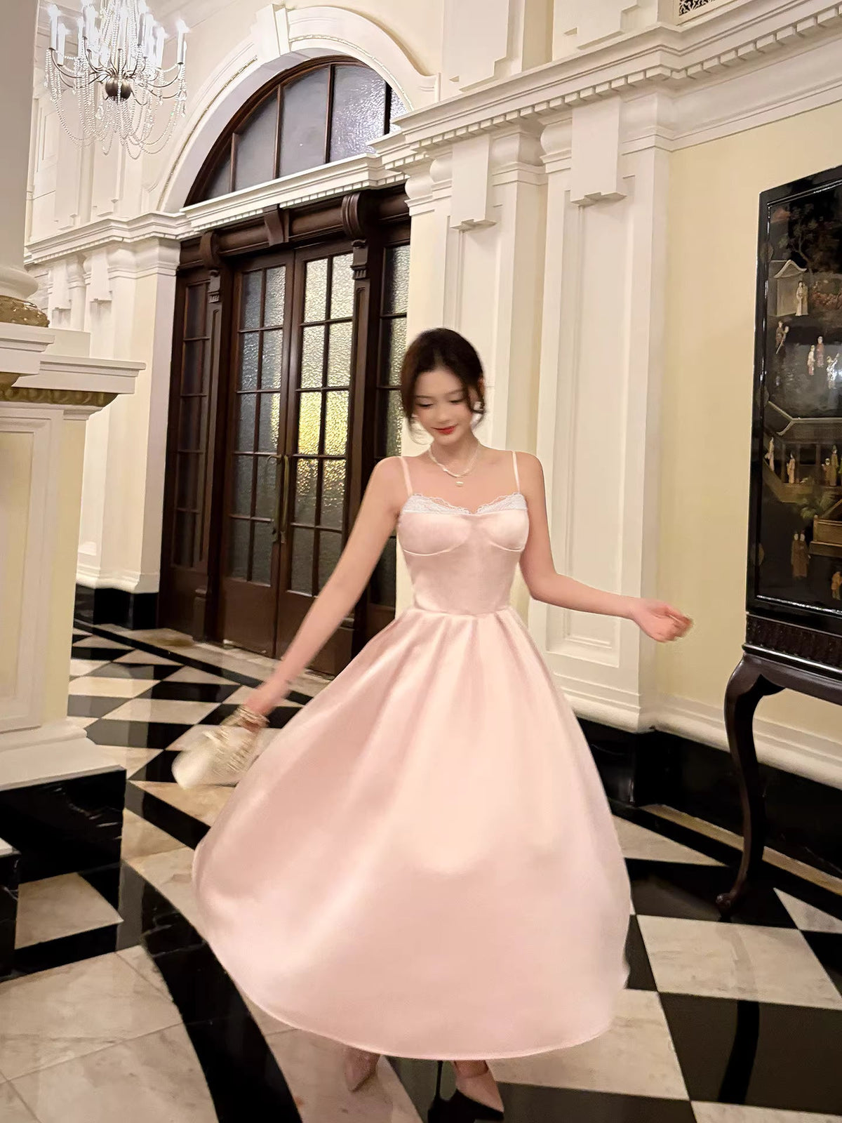 Elegant A Line Spaghetti Straps Pink Satin Ankle Length Prom Dresses 17th Nigh Party Birthday Outfits AB2497