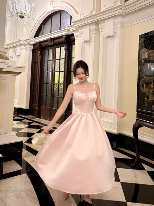 Elegant A Line Spaghetti Straps Pink Satin Ankle Length Prom Dresses 17th Nigh Party Birthday Outfits AB2497