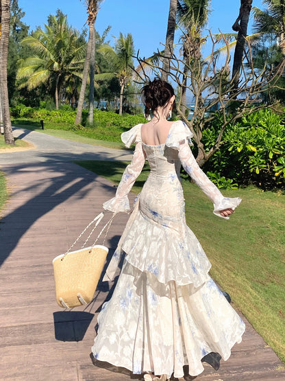Elegant Mermaid Square Neck Floral Chiffon Blue Long Sleeves Prom Dresses 16th Nigh Party Birthday Outfits AB2466