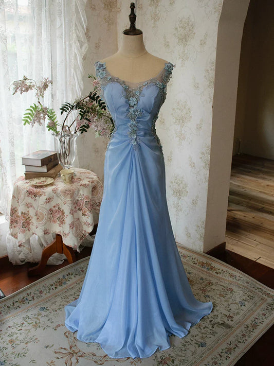 Vintage 90s Mermaid V Neck Chiffon Blue Long Prom Dresses Inspiration Party Retro Evening Dress 21st Birthday Outfits AB2376