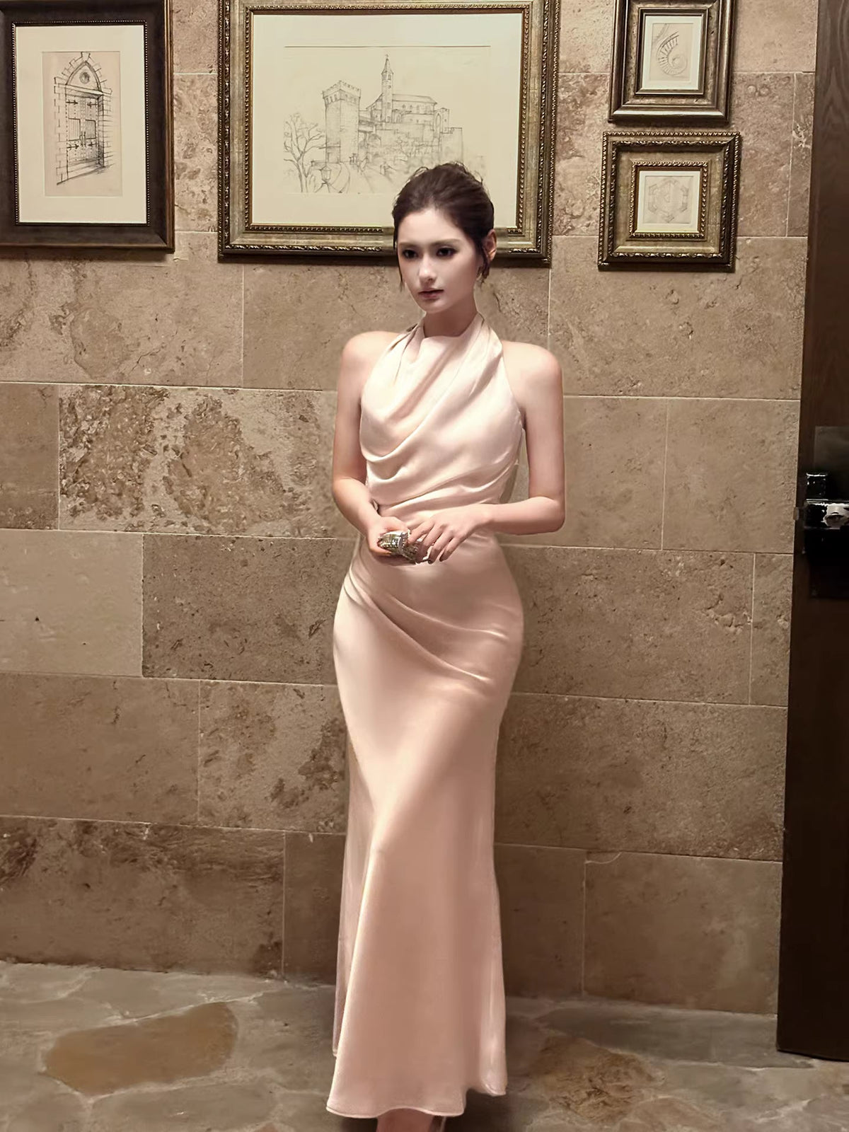 Elegant Mermaid Halter Pink Ankle Length Prom Dresses 17th Nigh Party Birthday Outfits AB2486