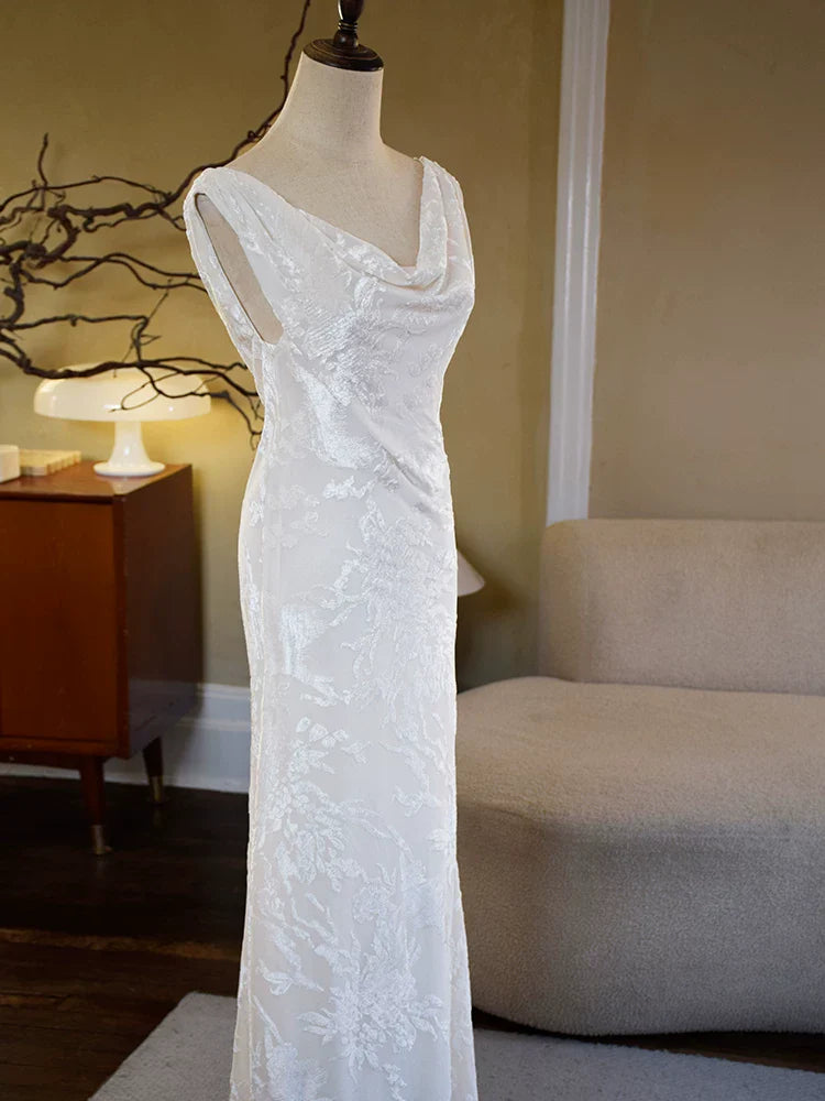 Vintage 1950s A Line Cowl Neck White Floral Lace Prom Dresses Inspiration Long Party Evening Dress 18th Birthday Outfits AB2368