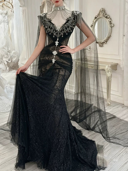 Modest Prom Dresses Aesthetic Mermaid V Neck Black Tulle Inspiration With Long Sleeves Cape Long Party Formal Gown AB2337