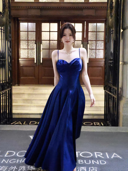 Sexy A line Spaghetti Straps Royal Blue Satin Long Prom Dresses Wedding Guest Dress 20th Birthday Outfits AB2482