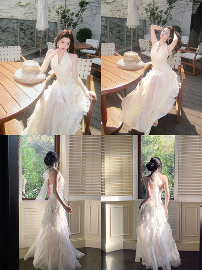 Modest A line Halter White Layered Chiffon Floor Length Prom Dresses 18th Nigh Party Birthday Outfits AB2419