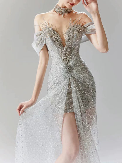 Vintage Silver Gray Mermaid Evening Dress Off The Shoulder Beaded Prom Dress Long Party Dress Birthday Outfits AB2314