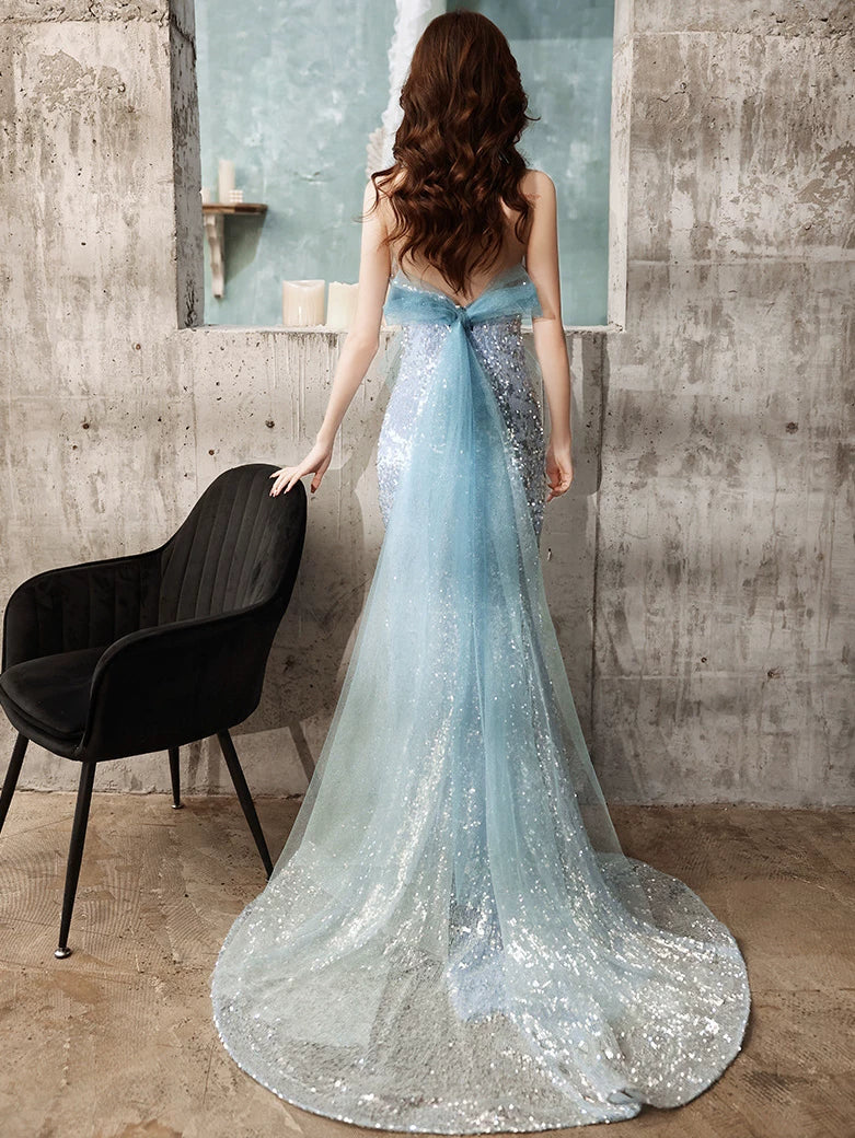 Modest Mermaid Strapless Blue Sequins Prom Dresses Inspiration Long Party Night Evening Dress 20th Birthday Outfits AB2329