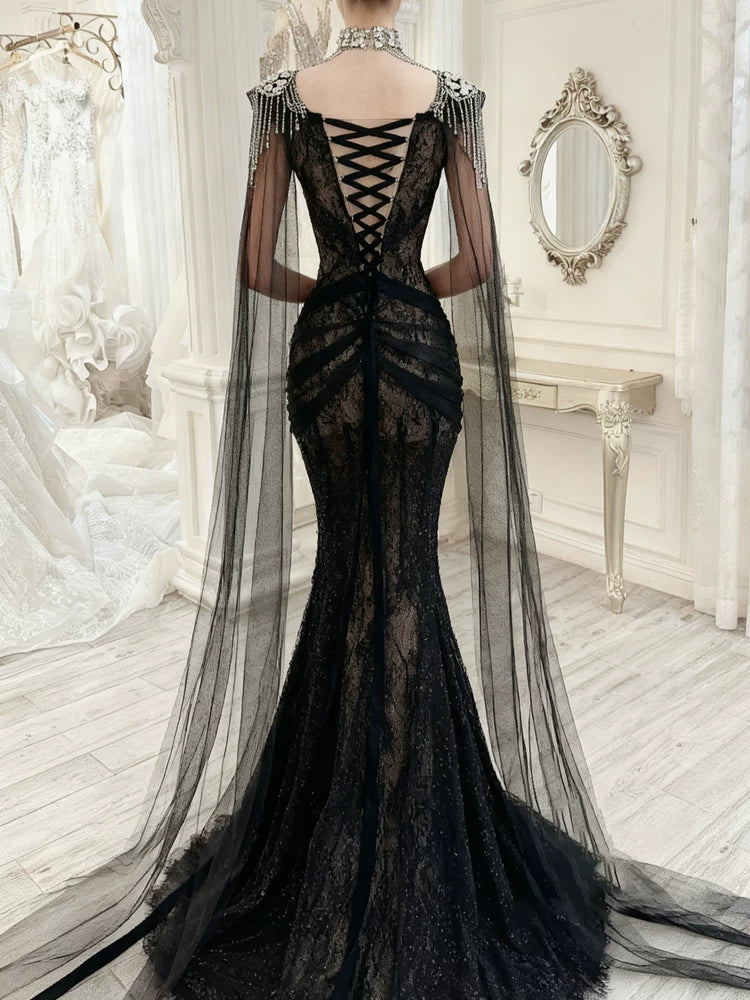 Modest Prom Dresses Aesthetic Mermaid V Neck Black Tulle Inspiration With Long Sleeves Cape Long Party Formal Gown AB2337