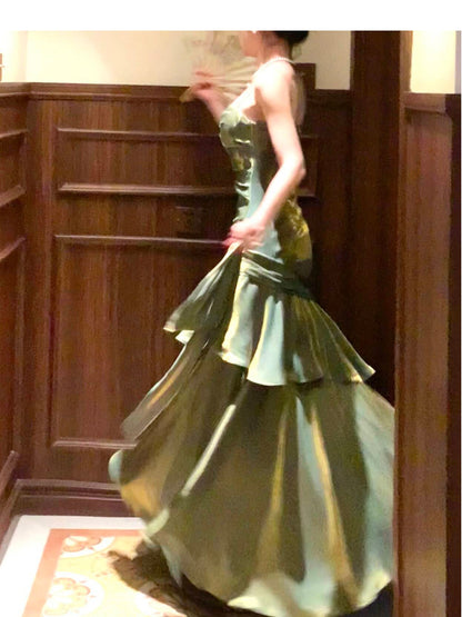 Modest Mermaid Spaghetti Straps Green Long Prom Dresses High School Teens Graduation Dance Dress 20th Birthday Outfits AB2501