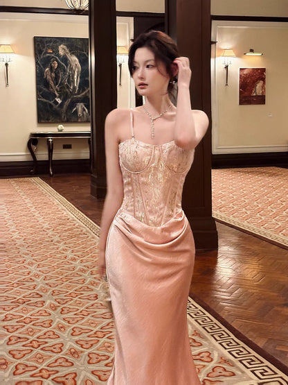 Modest Mermaid Spaghetti Straps Pink Ruffles Long Prom Dresses Wedding Guest Dress 20th Birthday Outfits AB2489