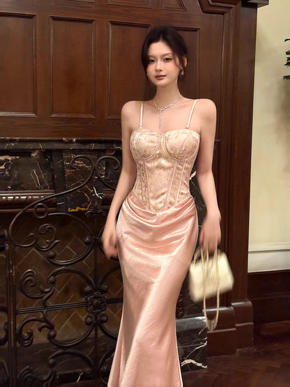 Modest Mermaid Spaghetti Straps Pink Ruffles Long Prom Dresses Wedding Guest Dress 20th Birthday Outfits AB2489