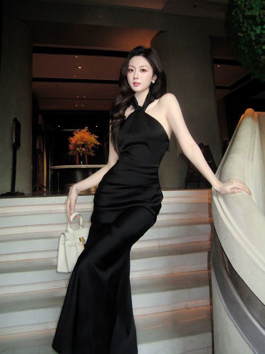 Modest Mermaid Halter Black Long Prom Dresses Wedding Guest Dress 20th Birthday Outfits AB2451