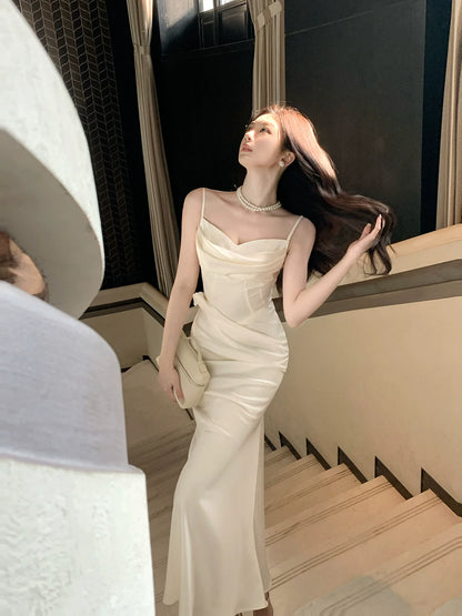 Modest Mermaid Spaghetti Straps Satin Ivory Prom Dresses Wedding Guest Gown 18th Nigh Party Birthday Outfits AB2425