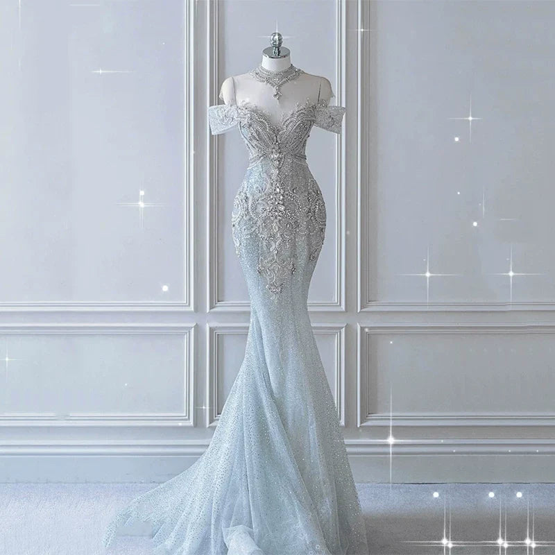 Sparkly Mermaid Evening Dress Off The Shoulder Sequins Prom Dress Long Party Dress 21st Birthday Outfits AB2321