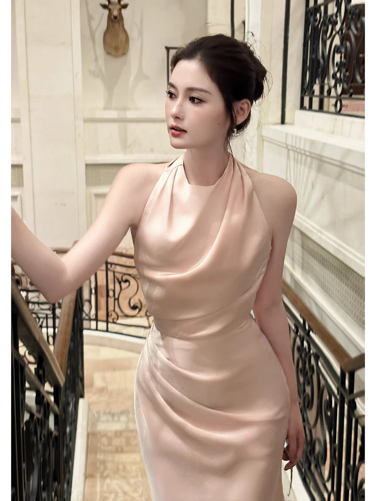 Elegant Mermaid Halter Pink Ankle Length Prom Dresses 17th Nigh Party Birthday Outfits AB2486