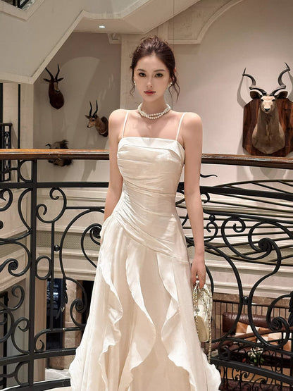 Modest Mermaid Spaghetti Straps White Ruffles Long Prom Dresses Wedding Guest Dress 20th Birthday Outfits AB2488