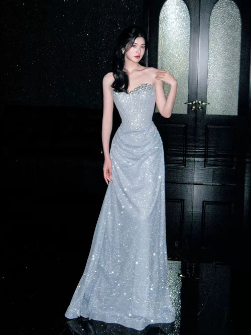 Sparkly Sheath Strapless Blue Sequins Prom Dresses Inspiration Long Party Night Gowns 20th Birthday Outfits AB2239