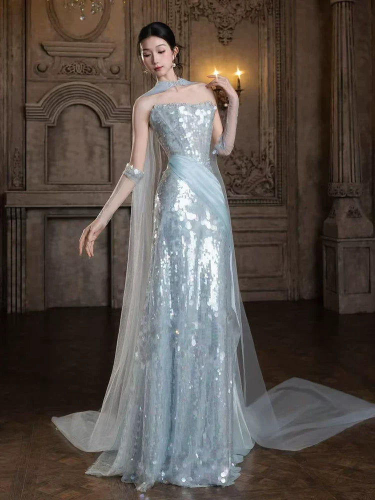 Sparkly Mermaid Strapless Light Sky Blue Sequins Prom Dresses Inspiration Long Party Night Evening Gowns 19th Birthday Outfits AB2262