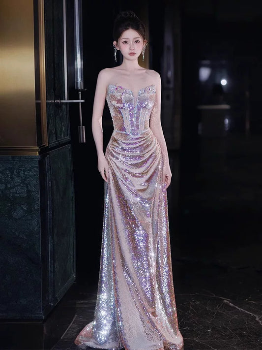 Sparkly Mermaid Strapless Sequins With Beaded Bodice Prom Dresses Inspiration Long Party Night Gowns 20th Birthday Outfits AB2249