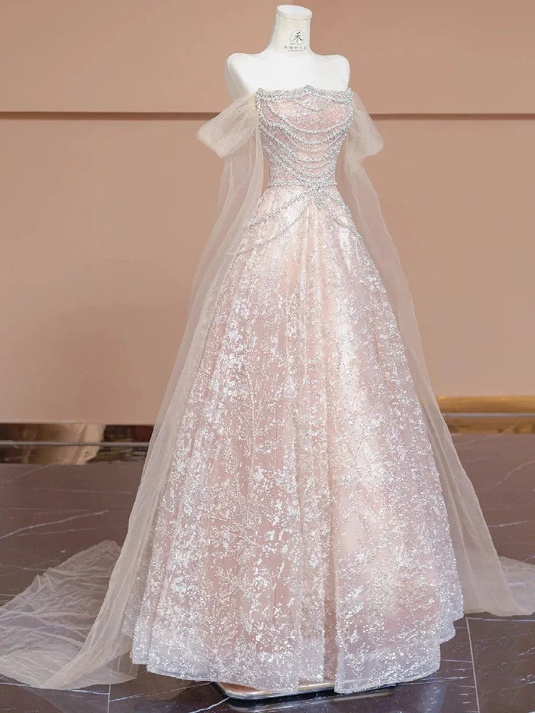 Unique Ball Gown Off The Shoulder Pink With Short Sleeves Prom Dresses Inspiration Party Night Gowns 20th Birthday Outfits AB2256