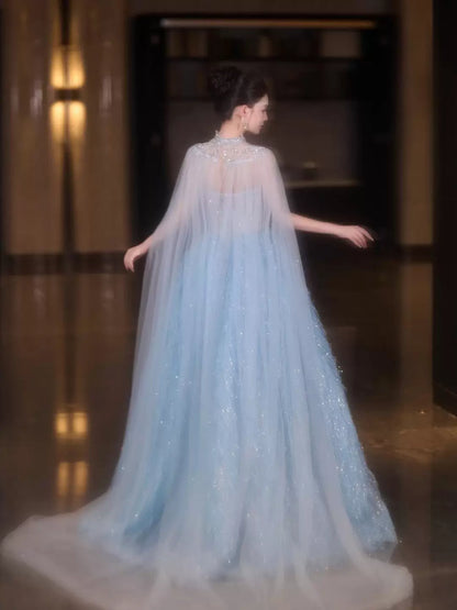 Sparkly Ball Gowns 2026 Strapless Blue With Beaded Cape Prom Dresses Inspiration Long Party Night Evening Gowns 19th Birthday Outfits AB2266
