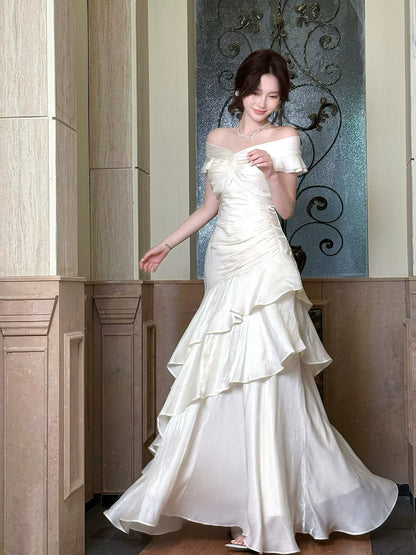 Elegant Mermaid Off The Shoulder White Long Prom Dresses 16th Nigh Party Birthday Outfits AB2504