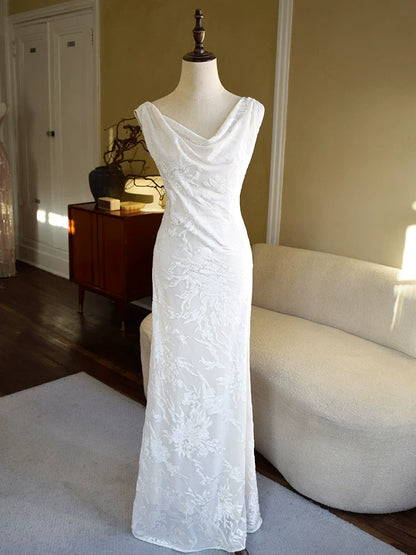 Vintage 1950s A Line Cowl Neck White Floral Lace Prom Dresses Inspiration Long Party Evening Dress 18th Birthday Outfits AB2368