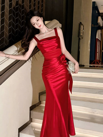 Elegant Sheath Square Neck Satin Red Ankle Length Prom Dresses 17th Nigh Party Birthday Outfits AB2454