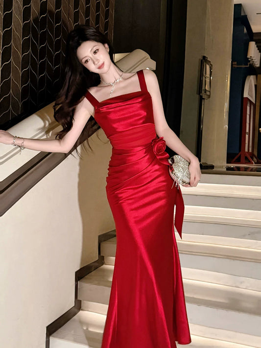 Elegant Sheath Square Neck Satin Red Ankle Length Prom Dresses 17th Nigh Party Birthday Outfits AB2454
