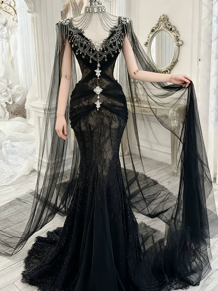 Modest Prom Dresses Aesthetic Mermaid V Neck Black Tulle Inspiration With Long Sleeves Cape Long Party Formal Gown AB2337