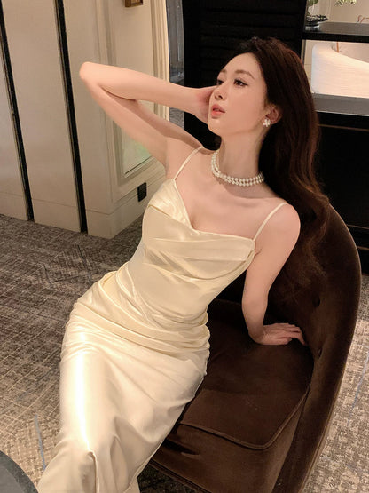 Elegant Mermaid Spaghetti Straps Ivory Satin Ankle Length Prom Dresses 17th Nigh Party Birthday Outfits AB2457