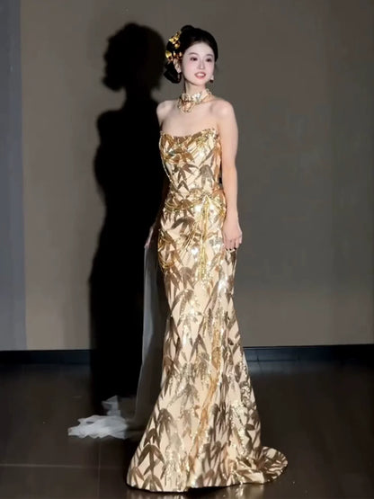 Glitter Mermaid Strapless Gold Sequins Long Formal Prom Dresses Dance Night Outfits Evening Party Gowns AB2205