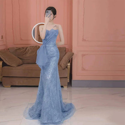 Modest Mermaid Strapless Dusty Blue Sequins Prom Dresses Inspiration Long Party Night Evening Dress 20th Birthday Outfits AB2330
