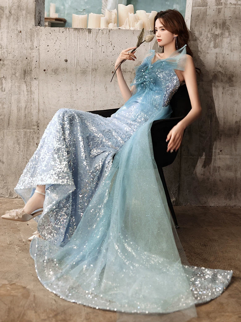 Modest Mermaid Strapless Blue Sequins Prom Dresses Inspiration Long Party Night Evening Dress 20th Birthday Outfits AB2329