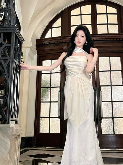 Modest A Line Spaghetti Straps Ivory Satin Long With Scarf Prom Dresses Wedding Guest Dress 16th Birthday Outfits AB2449