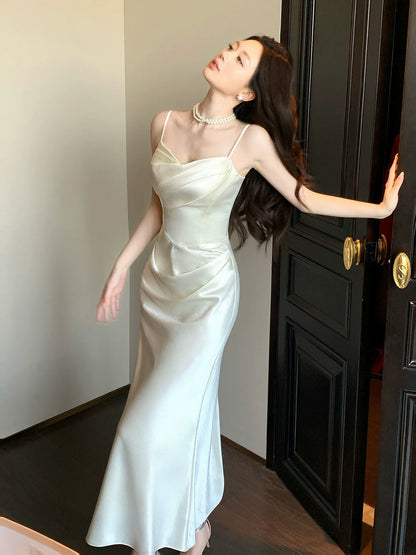 Elegant Mermaid Spaghetti Straps Ivory Satin Ankle Length Prom Dresses 17th Nigh Party Birthday Outfits AB2457